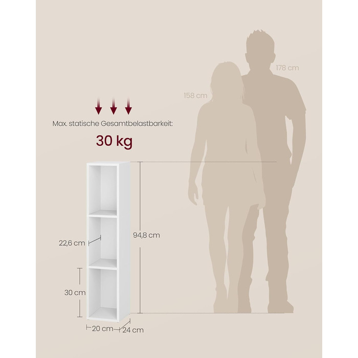 Колекція Custos - Книжкова полиця, 3-рівнева полиця, Відкрита полиця для зберігання, 24 x 20 x 94,8 см, для вітальні, домашнього офісу, спальні, Хмарно-білий LBC523W01 3 рівні (20Ш см) Хмарно-білий