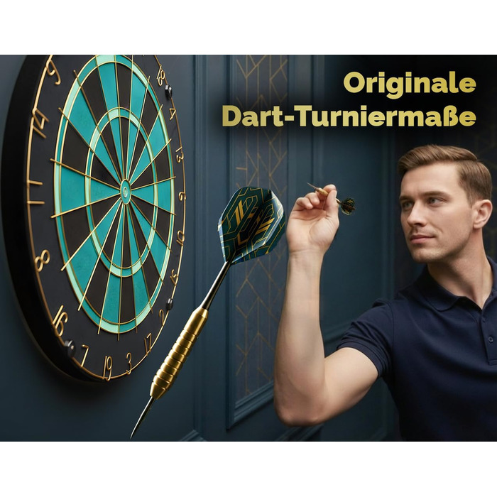 Професійна сизалева мішень для дротиків, бірюзового кольору із золотим кільцем з номером та стрілками - Професійна сталева мішень для дротиків - Мішень для дротиків з 6 металевими наконечниками, золотими стволами для дротиків та держаками