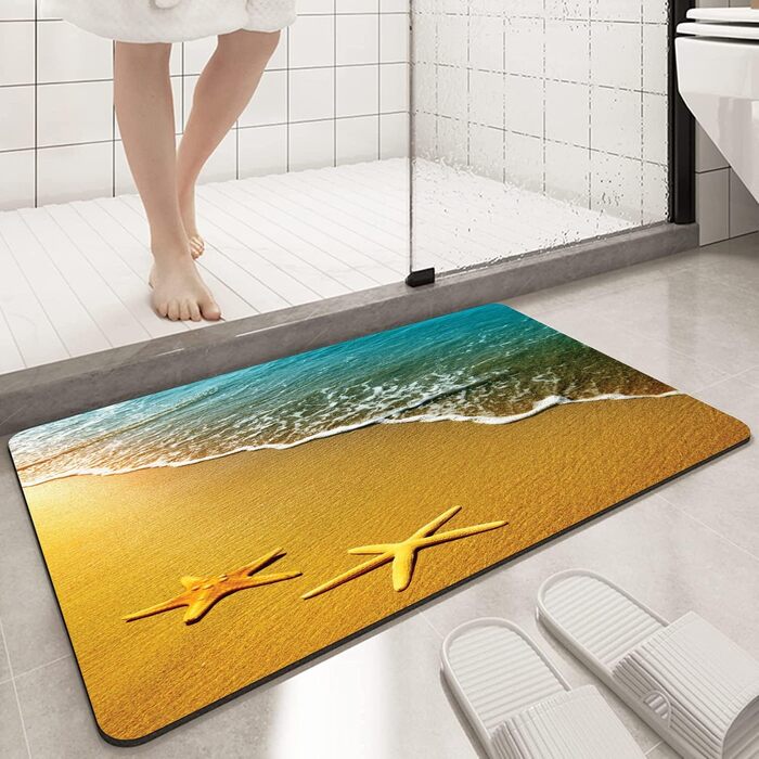 Килимок для ванної кімнати 42x60 см, килимок для ванної з гумовою підошвою, нековзний, можна прати, вбирає вологу, швидковисихає (пляжні хвилі)