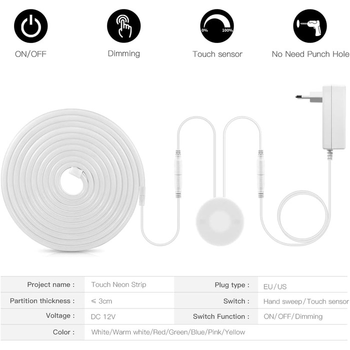 Неонова світлодіодна стрічка AIMENGTE, неонова світлодіодна стрічка 12 В із сенсорним перемикачем для сенсорного диммера, силіконова неонова стрічка для внутрішнього оздоблення домашньої кухні на вулиці (2 м, біла) 2 м біла