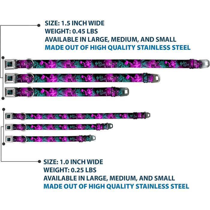 Нашийник для собак Buckle-Down з пряжкою, Harley Quinn, прицільні пози Джокера, чорний, бірюзовий, фуксія, ширина 2,5 см, для обхвату шиї 38-66 см, великий розмір (DC-WJK047-L)