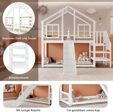 Дитяче двоярусне ліжко 90x200, ліжко-горище, дерев&39яне ліжко-будиночок зі сходами та гіркою, каркас ліжка із захистом від падіння та поручнями, ліжко з рейковою основою, каркас ліжка з масиву дерева, без матраца, білий колір