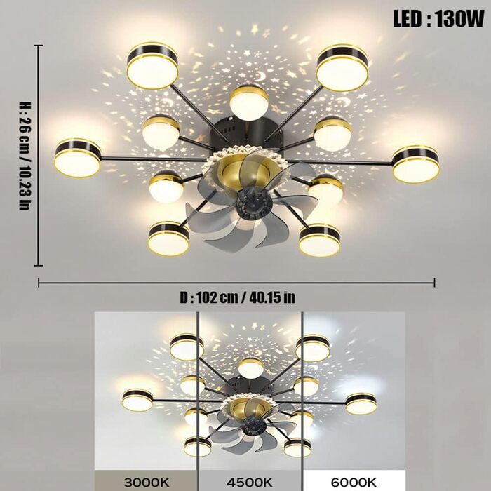 Вт світлодіодний стельовий світильник з регулюванням яскравості, стельовий вентилятор зі світлодіодним підсвічуванням, регульовано