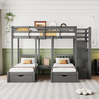Двоярусне ліжко Billg 200x90 см для 3 дітей, дитяче ліжко із захистом від падіння, ліжко-горище з висувними ящиками, тумбочками і