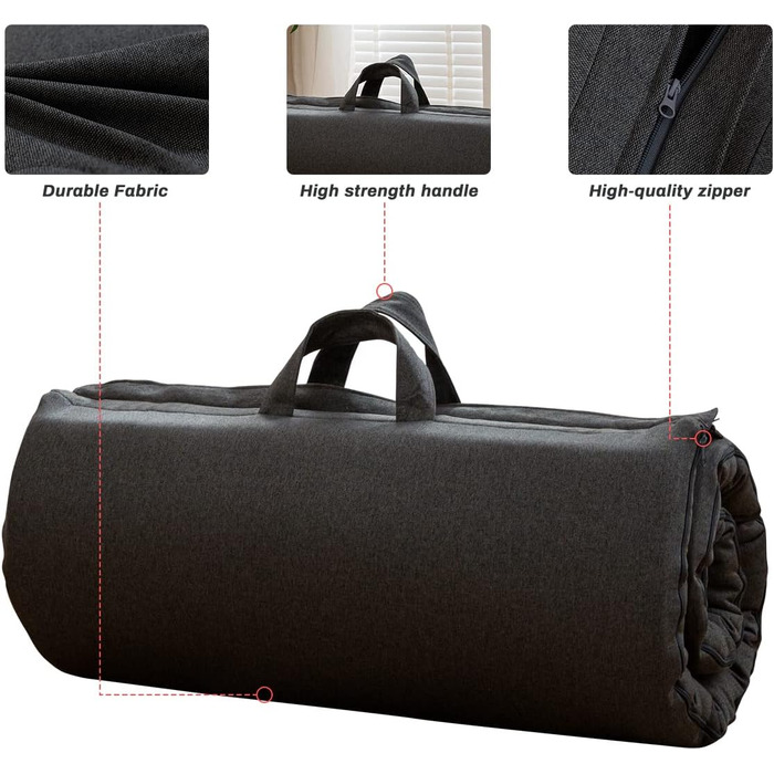 Портативний складаний матрац-футон MAXYOYO, гіпоалергенна тканина та матрац з ефектом пам&39яті з ручкою та блискавкою для гостьових караванів, критий кемпінг (вугільний, 90x190 см) темно-сірий 90 x 190 см