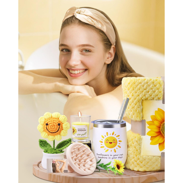 Подарунки LIVEHITOP для жінок, подарунок на день народження для жінок із соняшником, подарунковий набір із 10 предметів із фланелевою ковдрою для мами, сестри, дівчини, День святого Валентина, День матері, Різдво