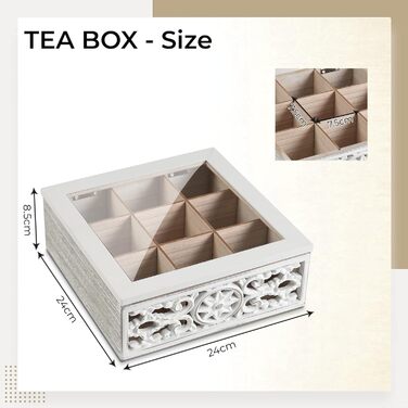 Вінтажна чайна коробка - Дерев&39яна коробка для зберігання чайних пакетиків - Коробка для чайних пакетиків з оглядовим віконцем - Чайний ящик з 9 відділеннями - Колір &quotшеббі-білий&quot
