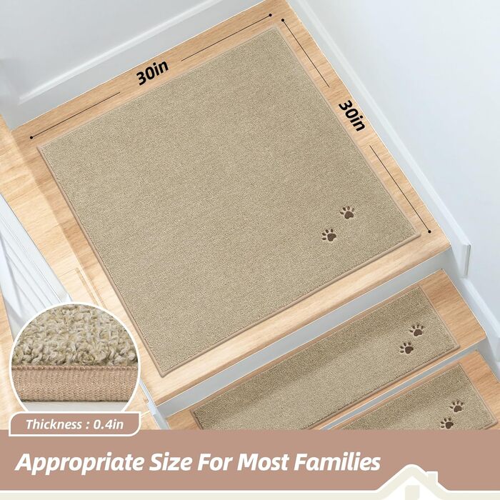 Килимок для сходів BEQHAUSE - Нековзні сходинки, Підходить для дерев&39яних сходинок, Можна прати в пральній машині, М&39який поліестер, Килимок для сходів, 76,2 x 76,2 см, Бежевий 76 x 76 см (Квадратний) Бежевий - Відбиток собачої лапи 1
