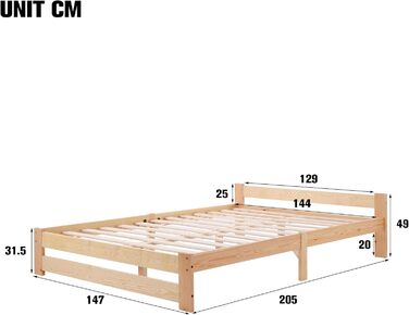 Ліжко-футон Merax з масиву дерева, ліжко з натурального дерева з узголів&39ям та рейковою основою, натуральний колір (200x140 см)