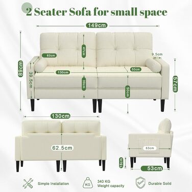 Місний диван, невелика кушетка з 2 подушками та підлокітниками, лляний диван у стилі середини століття для вітальні, спальні, бежевий кремовий колір, 2-