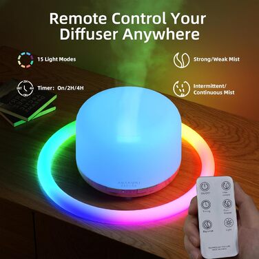 Ароматичний дифузор ASAKUKI 500 мл, ультразвуковий ароматерапевтичний дифузор для ефірних масел, зволожувач повітря з пультом дист
