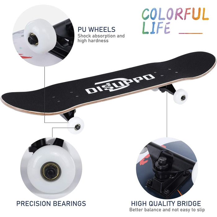 Скейтборд DISUPPO 79 x 21 см для дорослих, дівчат, хлопців, підлітків, початківців, 7 шарів A-Level Maple Double Kick Concave Stan