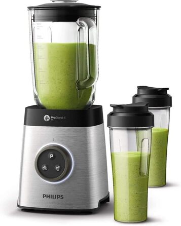 Міксер Philips HR3655/00 (1400 Вт, технологія ProBlend 6 3D, скляний контейнер 2 літри, 2 чашки для пиття, можна мити в посудомийній машині) нержавіюча сталь