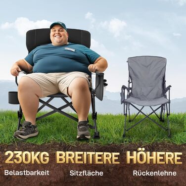 Складане кемпінгове крісло EVER ADVANCED, вантажопідйомність 230 кг, розкладне крісло XL, ширина сидіння 62 см з бічною кишенею та тримачем для напоїв, велике розкладне крісло, рибальське крісло для кемпінгу, використання на вулиці, балкон, сад, чорний ко