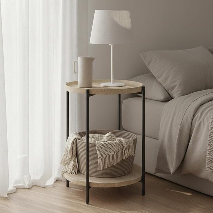 Круглий журнальний столик WOLTU, бічний столик з 2 полицями, стіл для вітальні зі знімною стільницею, тумбочка, столик для дивана, телефонний столик для вітальні та спальні, виготовлений з МДФ та металу, світлий дуб, BTS06hei