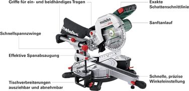 Акумуляторна поперечна пила Metabo KGS 18 LTX BL 216 (18V 4Ah Li-Power, зарядний пристрій ASC 55, коробка, з функцією протягування, клас M, пила) 614216920