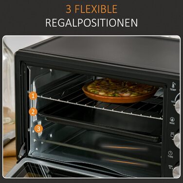 Міні-піч HOMCOM 21 л з 1 решіткою та 1 деком для випікання 3 режими приготування 100C-230C з регульованою температурою Міні-піч для піци 1400 Вт з решіткою для гриля Нержавіюча сталь Скло ЧорнийСріблястий
