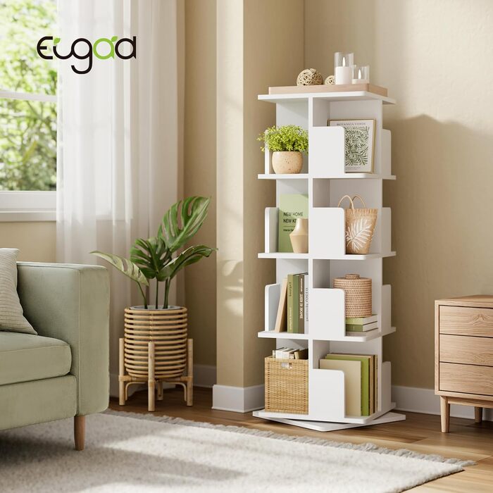 Обертова книжкова полиця EUGAD, кімнатна перегородка, полиця на місці, обертова полиця, офісна полиця, декоративна полиця, вільно обертається на 360 з 4 полицями для спальні, офісу, МДФ, білий, 39,5 x 128 x 39,5 см, 4 полиці (39,5 Ш x 128 В x 39,5 Г см), 