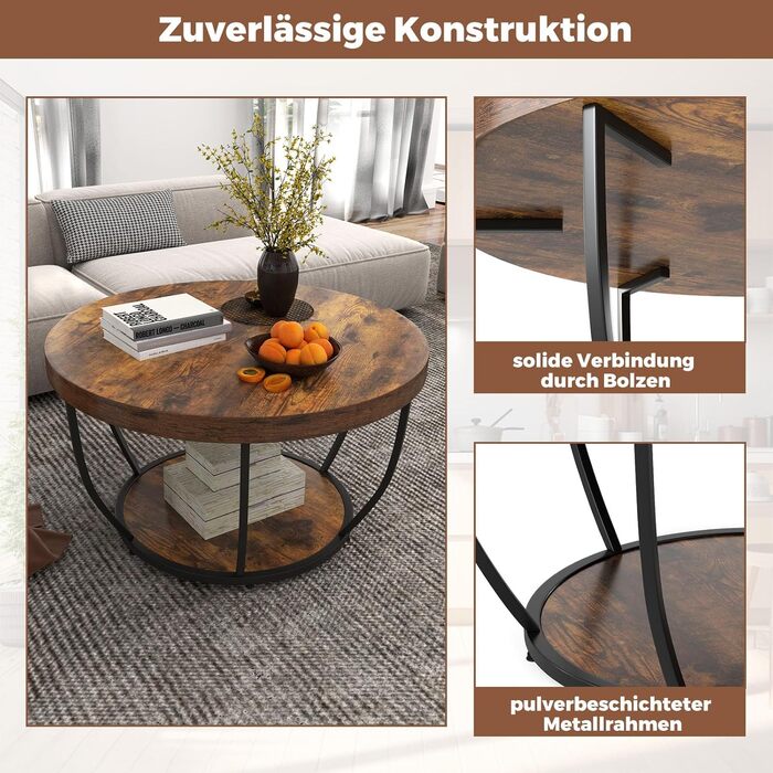 Круглий журнальний столик COSTWAY, дерев&39яний диванний столик з 2 ярусами та металевим каркасом, журнальний столик для вітальні діаметром 80 см для вітальні, приймальні, офісу (рустикально-коричневий)
