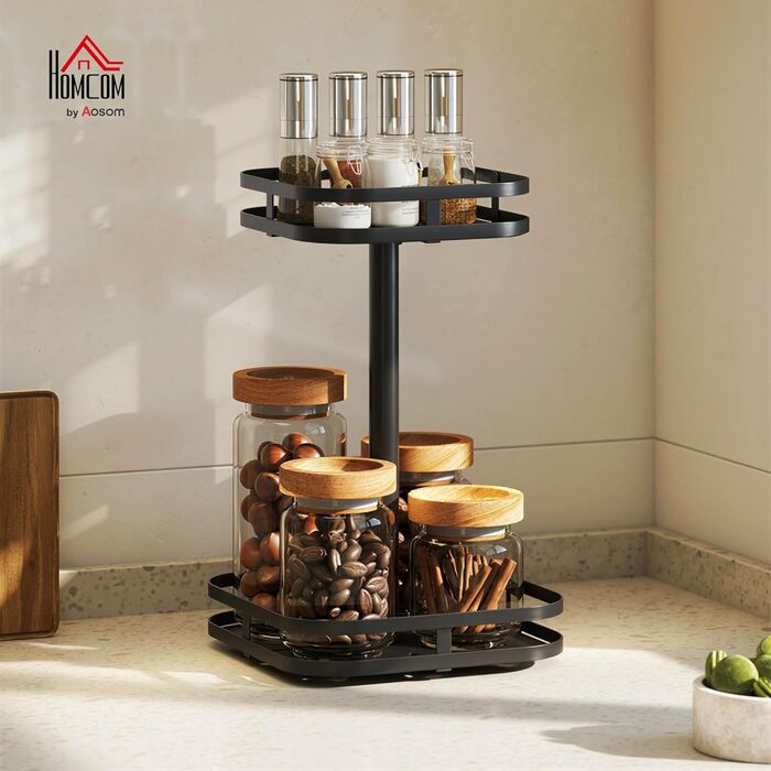 Підставка для спецій HOMCOM, 2-рівнева, обертова на 360 кухонна полиця з піднятими краями та присосками, підставка для спецій, карусель для спецій, кухонний органайзер, тримач для спецій для кухонної стільниці та обіднього столу, чорний колір