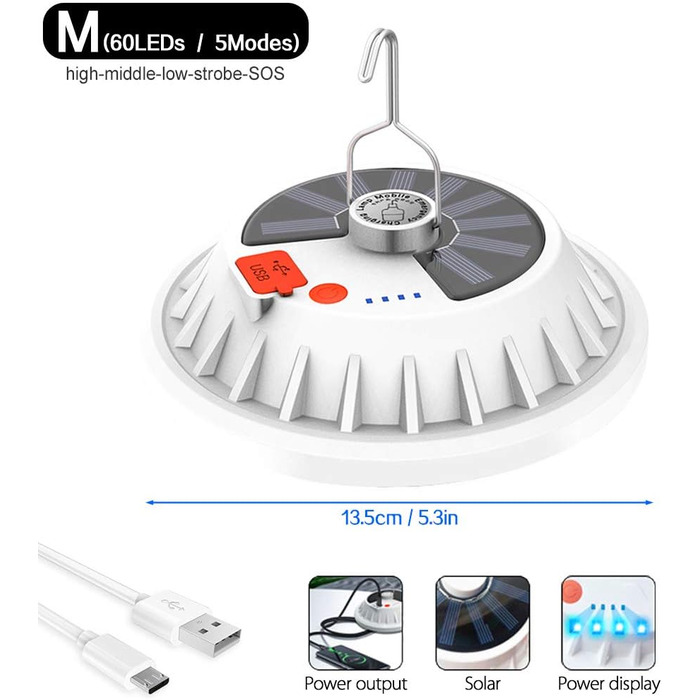 Портативні ліхтарі для кемпінгу, ліхтарі для наметів для використання на свіжому повітрі, сонячні ліхтарі з 5 режимами, акумуляторна надяскрава світлодіодна лампа з виходом для зовнішнього акумулятора - водонепроникне освітлення для наметів, кемпінгу, 5,3
