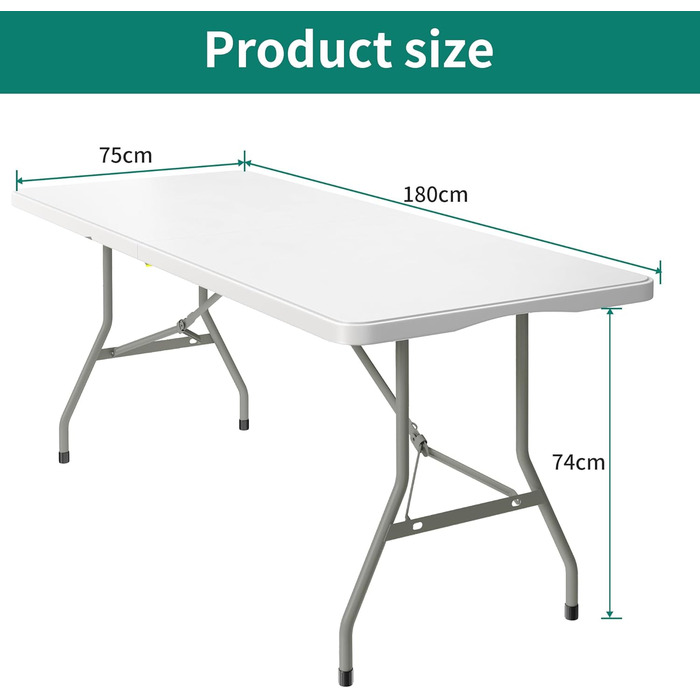Складаний стіл з ручкою для перенесення, водонепроникний садовий стіл, складний кемпінговий стіл, складний набір для пивного саду, фуршетний стіл для вечірок на свіжому повітрі, пляжних барбекю, 180 x 75 x 74 см, білий