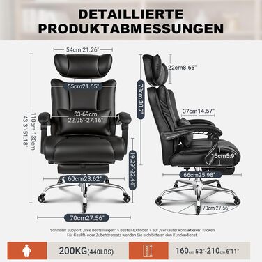 Офісне крісло BASETBL 200 кг, крісло керівника з 4-рівневою газовою пружиною, 3D-підлокітники, регульована поперекова опора та підголівник, тихі гумові ролики, широке сидіння XXL, EN12520, ергономічне офісне крісло чорного кольору з гумовими роликами