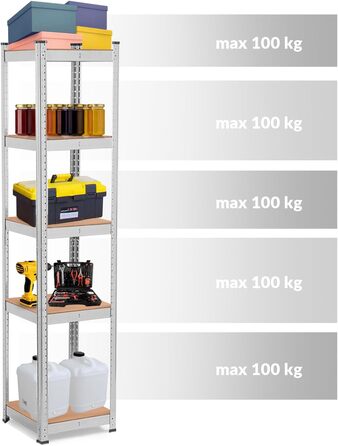 Міцний стелаж - Металевий - Підвал - Гараж - Зберігання - Обладнання для майстерні - Стелаж для інструментів - з 5 полицями з МДФ - Настінна полиця - Стелаж без болтів - Стоячий - Високий - 180x40x40 см Сталь 40x40x180