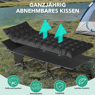 Розкладне похідне ліжко з матрацом, туристичне ліжко, легке, до 208 кг, гостьове ліжко, складне з сумкою для перенесення, сталеве туристичне ліжко для дорослих, для вулиці, приміщень, саду, подорожей, розкладне ліжко, чорне XL 190x735см