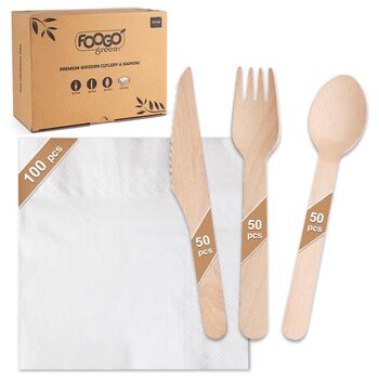 Набір одноразових дерев&39яних столових приборів FOOGO Green з 250 предметів та білих серветок, 50 виделок, 50 ножів, 50 ложок, 100 коричневих серветок, двошарові міцні паперові серветки, екологічно чистий набір столових приборів