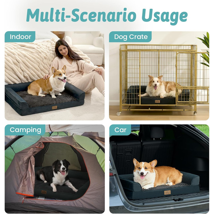 Ортопедичне ліжко для собак, диван для середніх або великих собак, великий підтримуючий кушетка з пінопласту з водонепроникною підкладкою, протиковзкий, що прається, U-подібна, 44x32x7 дюймів, чорний колір, Д 110 x Ш 80 x В 18 см