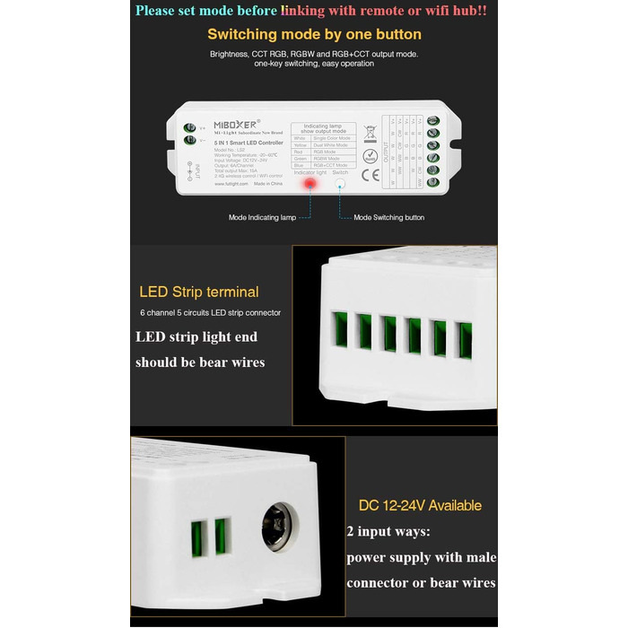Контролер світлодіодної стрічки LGIDTECH LS2 Miboxer, бездротовий контролер 5 в 1 2.4 ГГц, сумісний зі світлодіодними стрічками Solid Color, RGB, RGBW, WWCW, RGBCCT