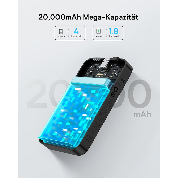 Швидка зарядка магнітного павербанка 20000mAh, бездротовий павербанк PD 20W з USB-C, зовнішній акумулятор для iPhone 15/14/13/12 с