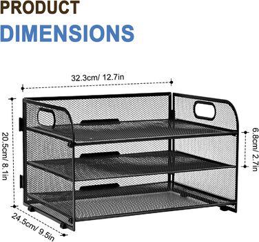 Органайзер для столу з ручкою, 3-ярусний лоток для листів, сітчасті відділення для документів формату А4, органайзер для паперових листів формату А4, лоток для документів, чорний.