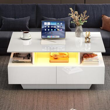 Журнальний столик Merax глянцевого білого кольору, стіл для вітальні зі світлодіодним підсвічуванням, журнальний столик з 2 шухлядами, відкриті відділення, стильний столик для дивана, бічний столик, чайний столик, елегантний прямокутний центральний столик