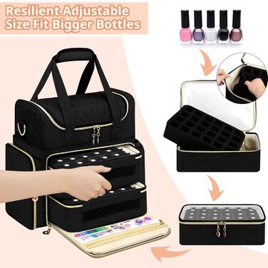 Мішечок для зберігання лаку для нігтів, двошаровий органайзер для 70 флаконів (до 15 мл), портативний мішечок для сушарок для нігтів, ламп для нігтів та аксесуарів для лаків - чорний