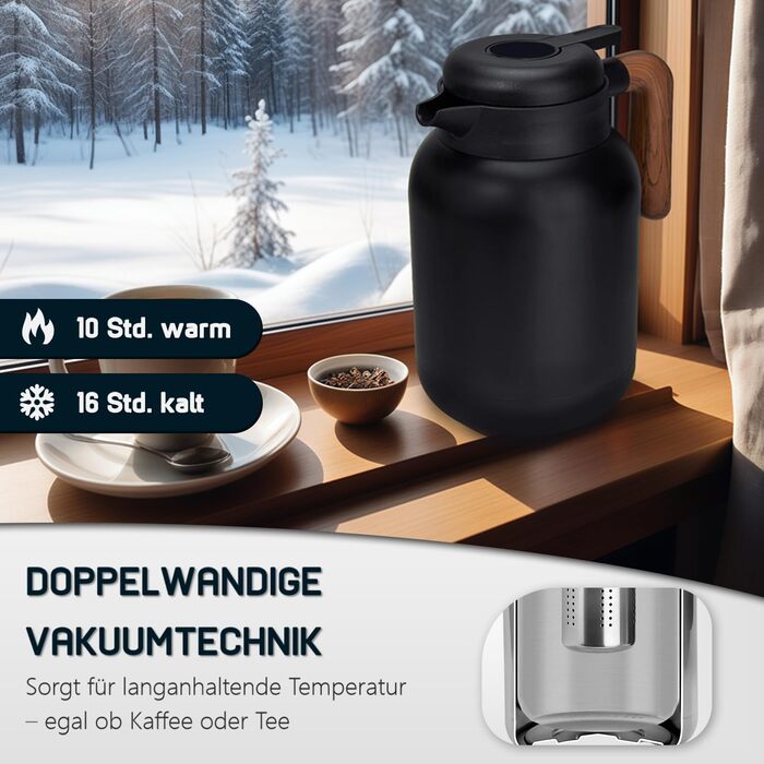 Термос VETIN з чаєм-інфузером 1,5 л, ізольована колба з двостінної нержавіючої сталі 316, термочайник з вставкою для інфузера, термокавник зберігає напої гарячими протягом 10 годин/холодними протягом 16 годин (без дисплея температури)