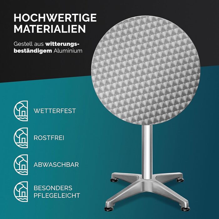 Складаний стіл Casaria 2-в-1, регульована висота 70 см / 115 см заввишки, алюміній, круглий Ø60 см, водонепроникний, садовий бістро-стіл, пивний столик, стіл для вечірки, 1 срібний