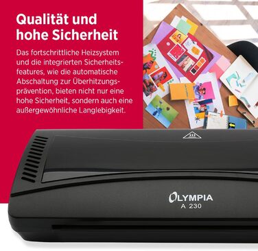 Ламінувальний набір Olympia A 230 4-в-1 Гаряче та холодне ламінування Ламінатор з закруглювачем кутів, різаком для паперу та ламінувальними пакетами Ламінування без бульбашок Захист від перегріву Одинарний ламінатор A4