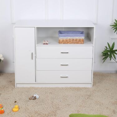 Пеленальний столик ecomi, дитячий комод з дерева з пеленальною тумбою, 3 шухляди, 1 дверцята, висота 100 см, білий колір, пеленальний столик 113x100 см, хромовані ручки