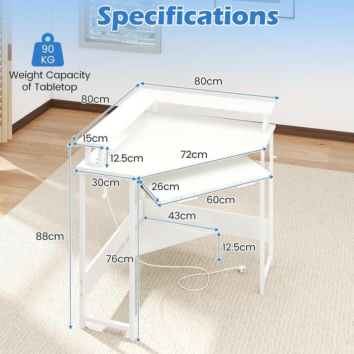 Кутовий стіл GYMAX зі світлодіодним підсвічуванням, L-подібний ігровий стіл з кріпленням для монітора та клавіатури, стіл для ПК з розетками, портами USB та портом зарядки Type-C, 80 x 80 см (білий)
