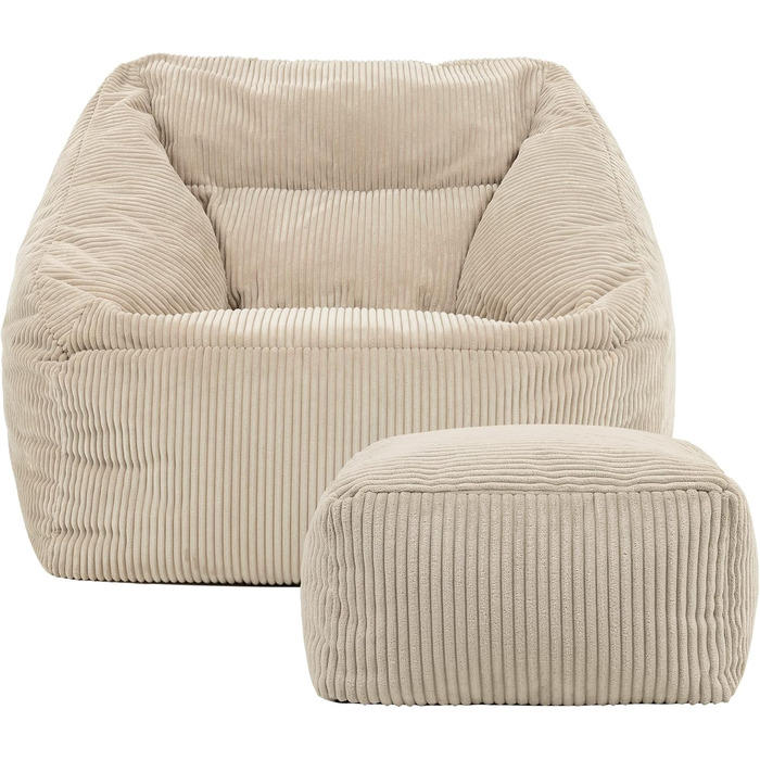 Крісло-мішок Icon Natalia з пуфом для ніг для дорослих, бежевий, пухнаста вельветова тканина, гігантське вельветове крісло-мішок з наповнювачем, зручне крісло для вітальні, кімнати відпочинку, спальні, офісу, бежеве гігантське крісло-мішок пуф для ніг
