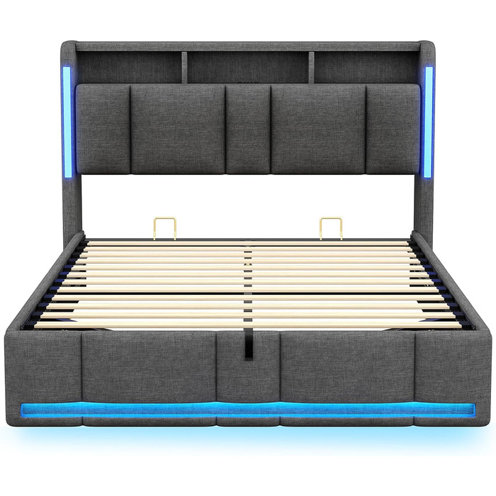 М&39яке ліжко 140x200 з розетками та світлодіодним освітленням, двоспальне ліжко 140x200 з узголів&39ям для зберігання та гідравлічним відділенням для зберігання, каркас ліжка з рейковою основою, дитяче ліжко, льон, без матраца, темно-сірий 140x200 см тем