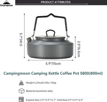 Портативний алюмінієвий кемпінговий чайник Campingmoon S800 (0,8 л)