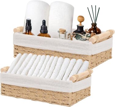 Набір плетених кошиків для зберігання з 2 предметів, плетений кошик ручної роботи в стилі бохо, декоративний кошик з ротанга з ручками та підкладкою, кошик-полиця, кошик для ванної кімнати, органайзер для пеленального столика (бежевий)