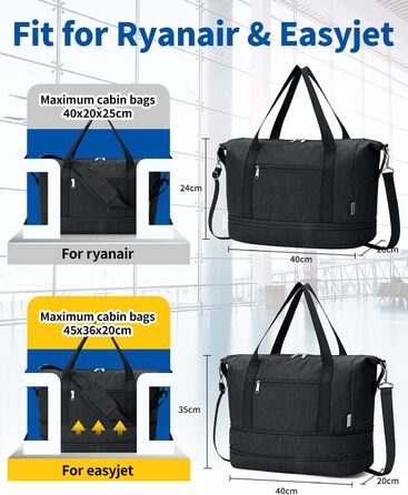 Ручна поклажа Narwey Ryanair 40x30x20, Маленька спортивна сумка на вихідні для жінок, Дорожня сумка-ручна поклажа для літаків, Ручна поклажа Easyjet 45x36x20, Лікарняна сумка для пологів для чоловіків (чорна)