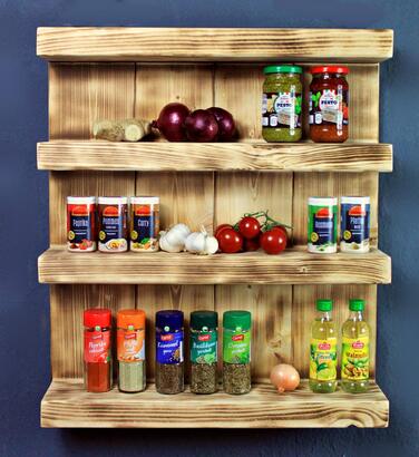 Декоративна дерев&39яна підставка для спецій - для настінного монтажу або окремого використання - полум&39яне покриття - 4 полиці - 57 x 50 x 12 см - масив дерева, коричневий (полум&39яне)