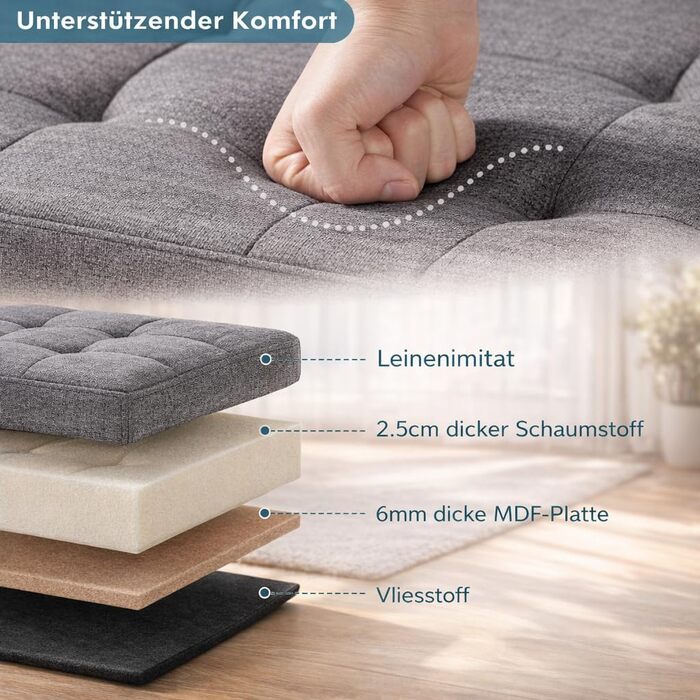 Лавка для зберігання DUMOS, Коробка для зберігання з кришкою, 110 x 38 см, Скриня-лавка для зберігання, Пуф для зберігання, Вантажопідйомність до 150 кг, Пуф для ніг для вітальні, спальні, гуртожитку, Сірий 110 x 38 x 38 см Сірий