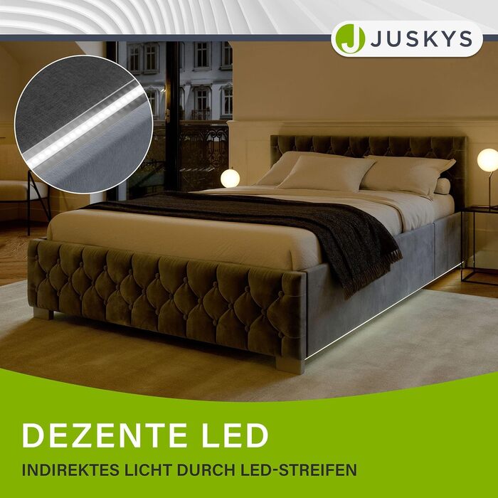 Ліжко Juskys Nice з м&39якою оббивкою 120x200 см, оксамитове, з місцем для зберігання, світлодіодним освітленням та рейковою основою - стьобане узголів&39я та честерфілдська стьобана тканина - каркас ліжка - сірий 120 x 200 см
