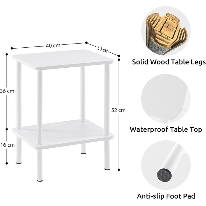 Дерев&39яний приставний столик APICIZON, 2-ярусний приставний столик, білий, вузька тумбочка, 40x30x52 см, маленькі приставні столики з місцем для зберігання, вузькі приставні столики для вітальні, спальні, балкону, 40x30x52 см, білий